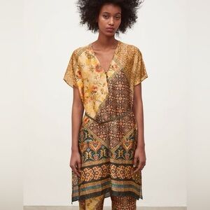 Zara Golden Print Dolman Sleeve V-Neck Tunic Caftan Shirt Dress